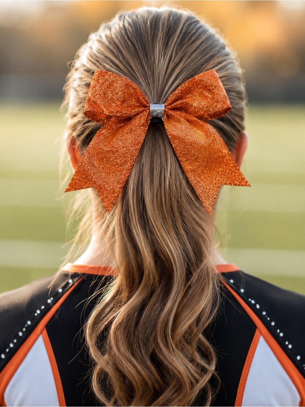 Orange Glitter Cheerleading Hair Bow – Sparkly Copper Team Spirit Ponytail Bow